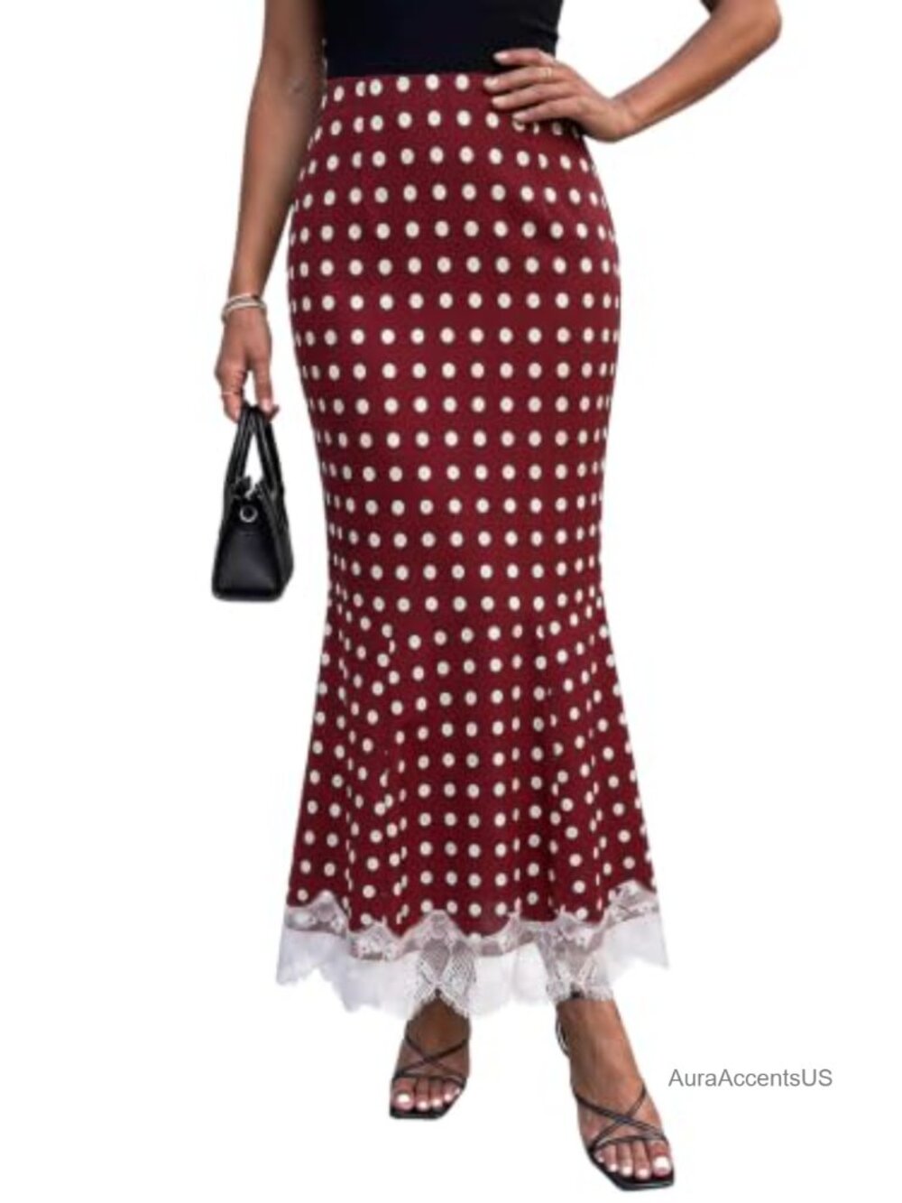 Silk Satin Maxi Skirt with Lace Hem Polka Dot Long Dressy Skirt